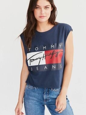 Tommy Hilfiger Jeans Distressed Flag Logo Muscle Tee Blue Size Small